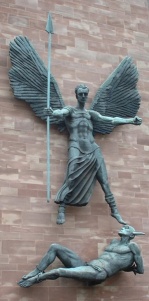 Sir Jacob Epstein's bronze statue for Coventry Cathedral of Michael. 