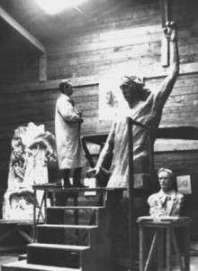 Rudolf Steiner in his studio, working on the statue "Representative of Man".